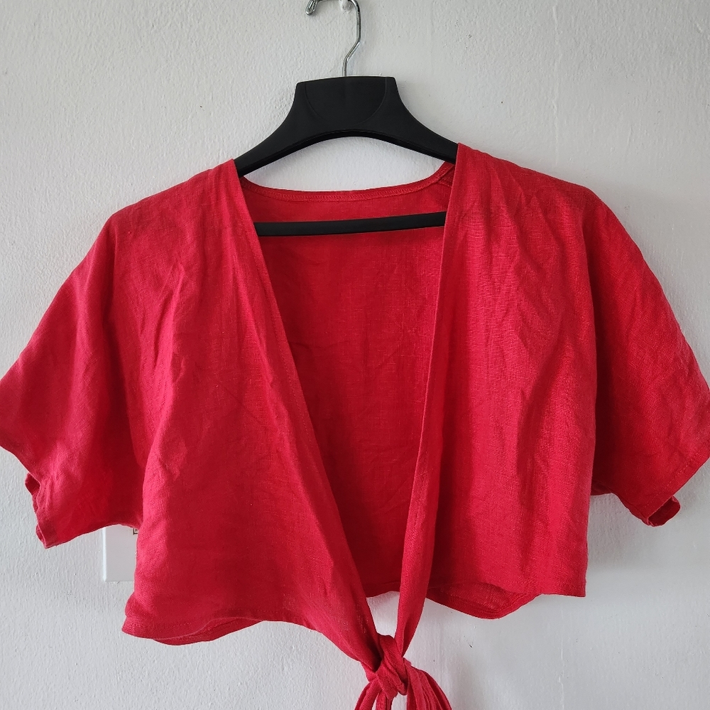 Pink Linen Wrap Crop Top